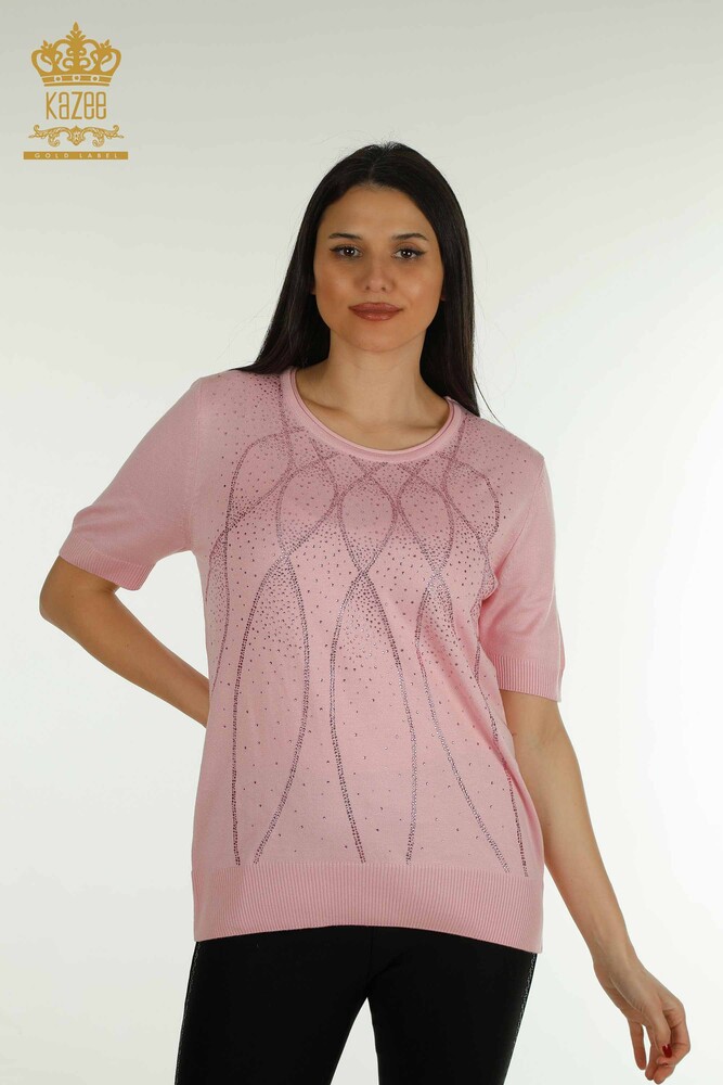 Pull Tricot Femme Grossiste Modèle Américain Rose - 30686 | KAZEE - 1