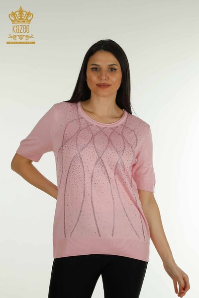 Pull Tricot Femme Grossiste Modèle Américain Rose - 30686 | KAZEE 