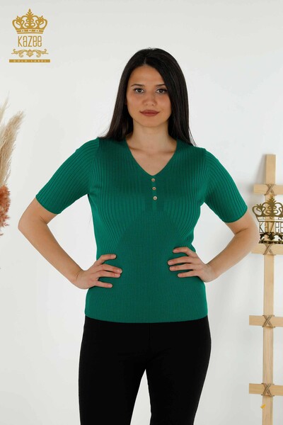 Grossiste Pull en Tricot pour Femme - Bouton Détaillé - Vert - 30043 | KAZEE - 1