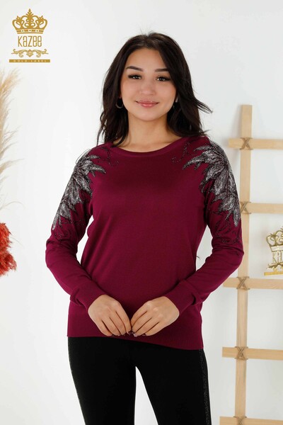 Grossiste Pull en Maille pour Femme Cristal Pierre Brodée Violet - 30210 | KAZEE - 1