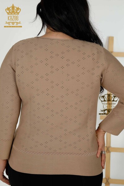 Grossiste Pull Femme Tricot Trou Détaillé Beige Foncé - 30083 | KAZEE - 6