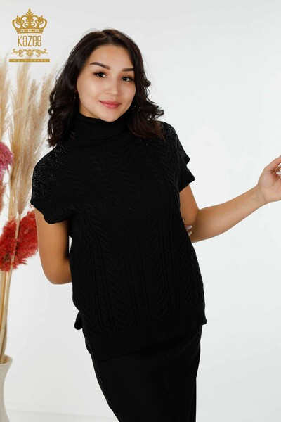 Grossiste Tricot Femme Épaule Cristal Pierre Brodé Noir - 30097 | KAZEE - 1