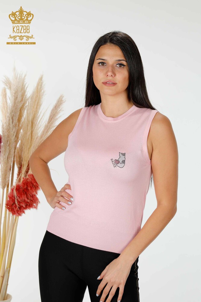 Grossiste Tricot Femme Motif Chat Sans Manches Rose - 16902 | KAZEE - 1