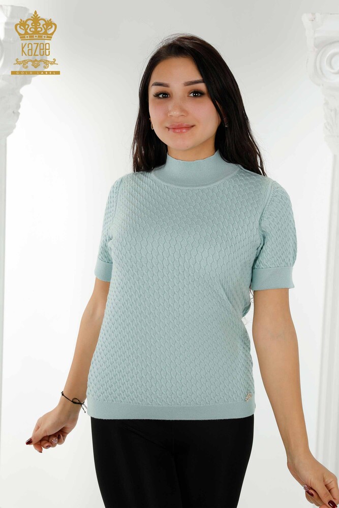 Grossiste Tricot Femme Américain Modèle Basique Bleu Clair - 30119 | KAZEE - 1