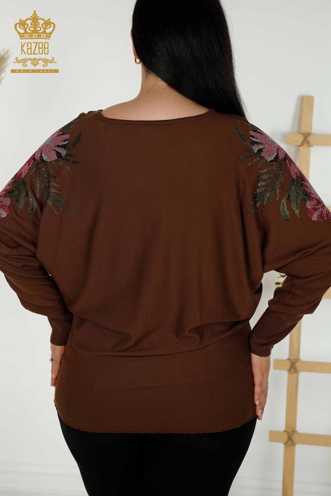 Grossiste Pull Femme Épaule Détail Floral Marron - 16133 | KAZEE - 10