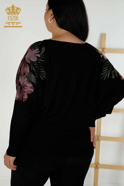 Grossiste Pull Femme Épaule Détail Floral Noir - 16133 | KAZEE - 9