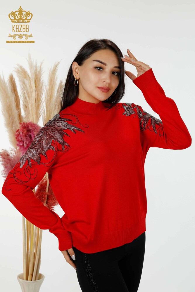 Grossiste Pull en Tricot Femme Épaule Fleur Détaillée Rouge - 16597 | KAZEE - 1