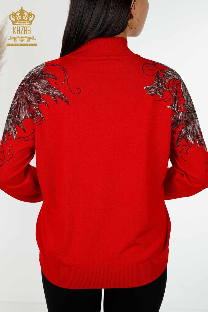 Grossiste Pull en Tricot Femme Épaule Fleur Détaillée Rouge - 16597 | KAZEE - 7