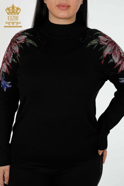 Grossiste Pull Femme Épaule Détail Floral Noir - 30007 | KAZEE - 2