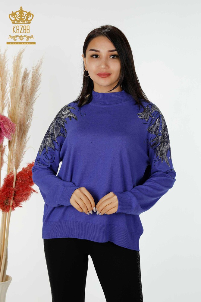 Grossiste Pull en Tricot Femme Épaule Détail Floral Violet - 16597 | KAZEE - 1