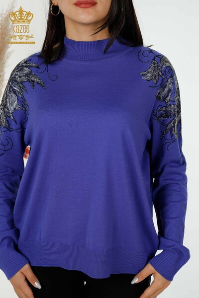 Grossiste Pull en Tricot Femme Épaule Détail Floral Violet - 16597 | KAZEE - 2