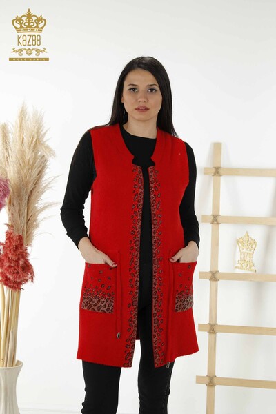 Grossiste Gilet Femme - Léopard Pierre Brodée - Rouge - 30245 | KAZEE 