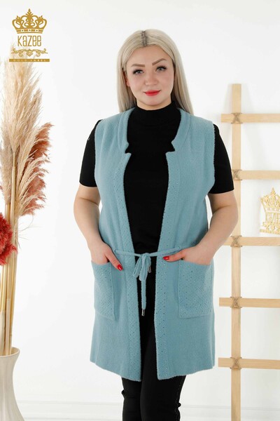 Grossiste Gilet Femme Avec Poche Cordon Attaché Bleu - 30246 | KAZEE 