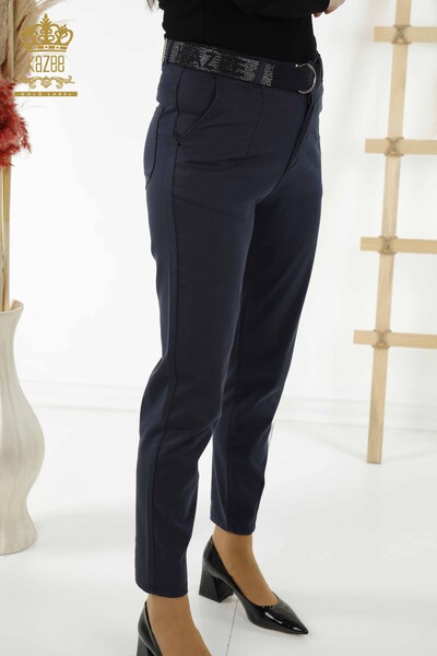 Grossiste Pantalon Femme - Ceinturé - Poches - Bleu Marine - 3685 | KAZEE - 2