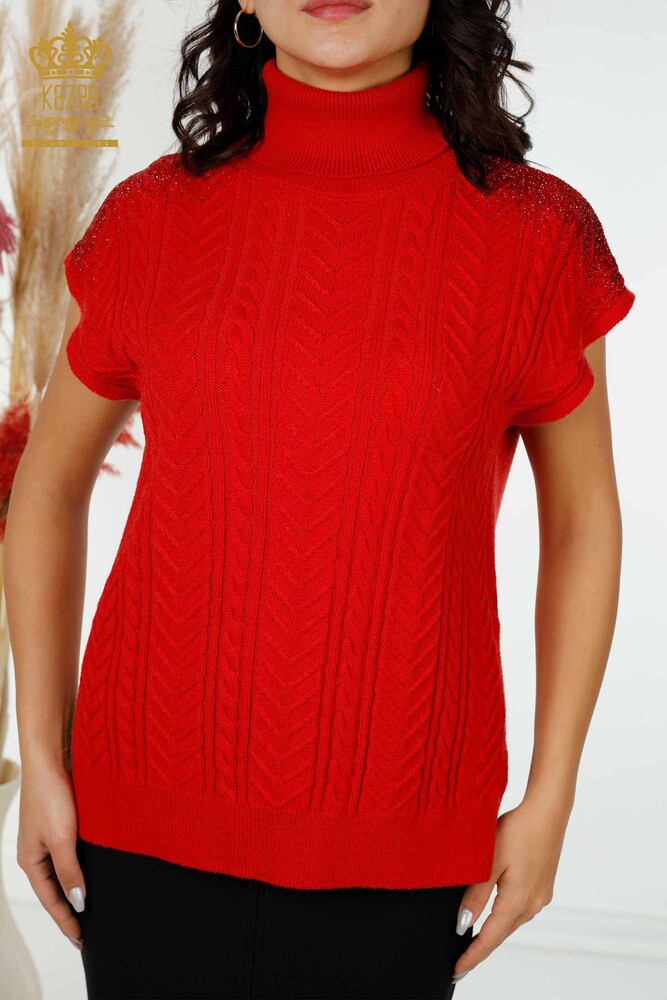 Grossiste Tricot Femme Épaule Cristal Pierre Brodé Rouge - 30097 | KAZEE - 2