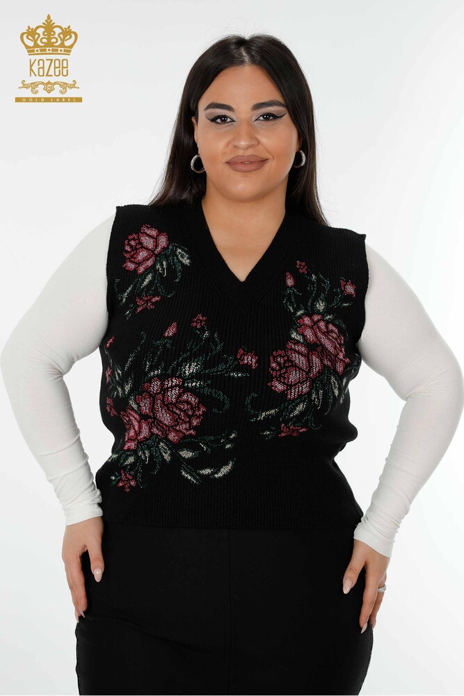 Grossiste Pull Femme Motif Floral Noir - 19106 | KAZEE - 1