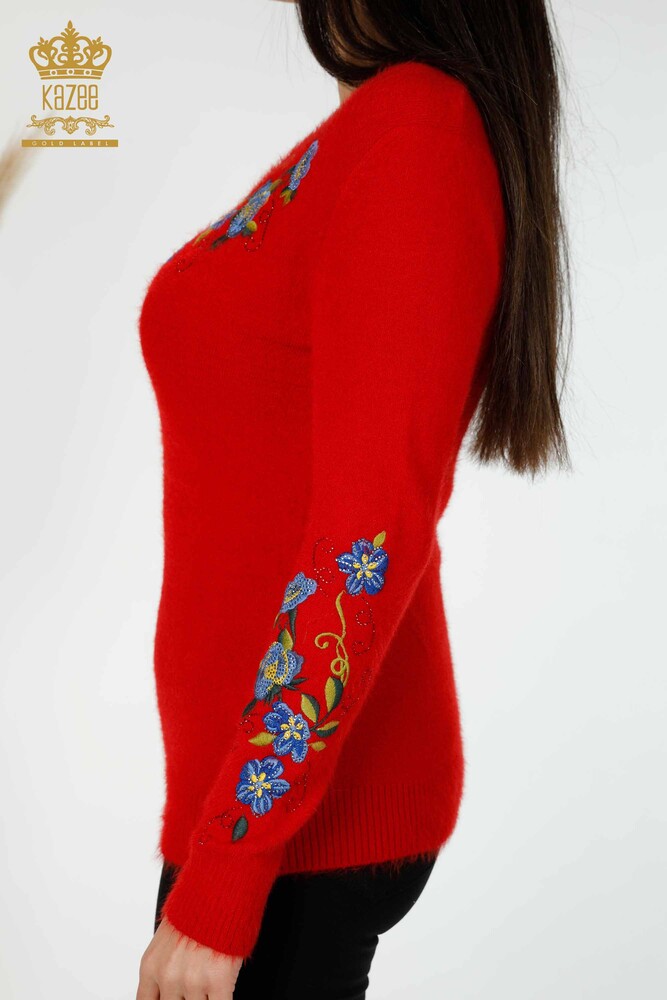 Grossiste Pull Femme Tricot Angora Motif Floral Rouge - 18917 | KAZEE - 5