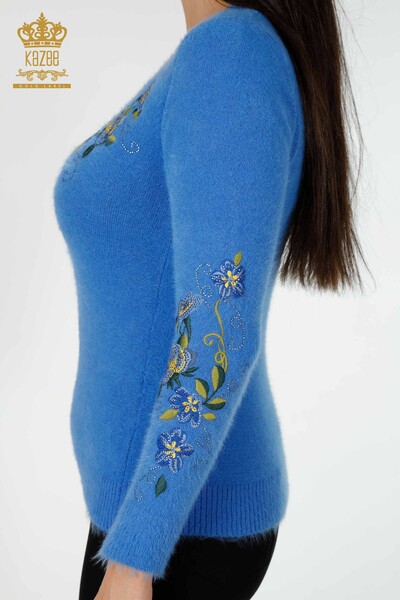 Grossiste Pull Femme Tricot Angora Motif Floral Bleu - 18917 | KAZEE - 5