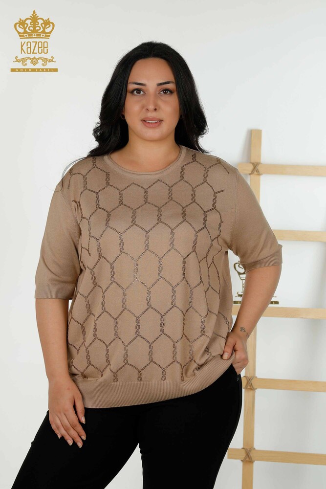 Grossiste Pull en Tricot Femme Pierre Brodée Beige - 30317 | KAZEE - 1