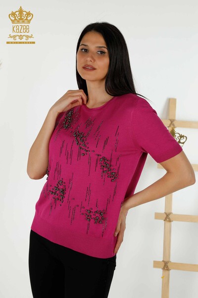 Grossiste Pull Femme - Perles - Pierre Brodée - Fuchsia - 30117 | KAZEE - 1