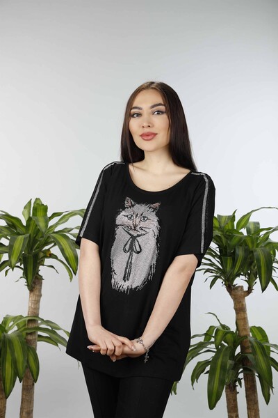 Vente en gros Cat Patterned Stone Brodé Blouse Pour Femme - 77537 | KAZEE - Thumbnail