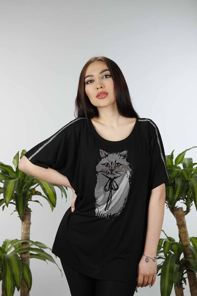 Vente en gros Cat Patterned Stone Brodé Blouse Pour Femme - 77537 | KAZEE - Thumbnail