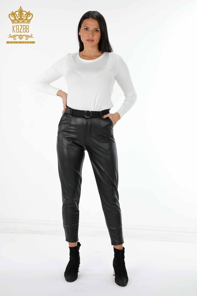 Vente en gros de pantalons en cuir pour femmes Kazee Logo Belted Stone Brodé - 3375 | KAZEE - Thumbnail