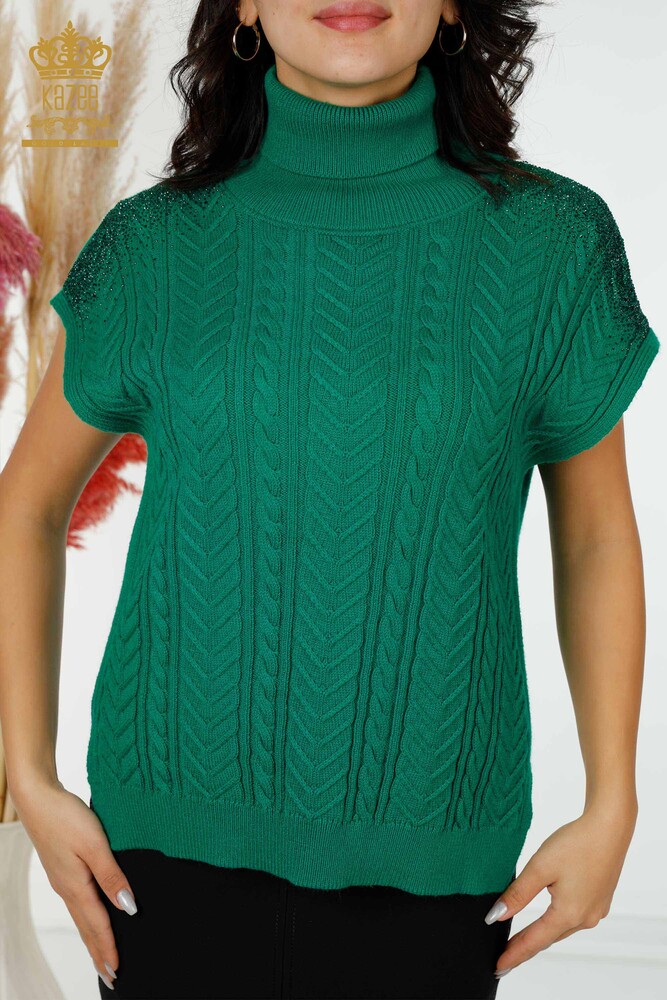 Grossiste Tricot Femme Épaule Cristal Pierre Brodé Vert - 30097 | KAZEE - 2