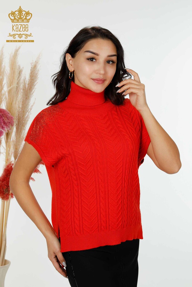 Grossiste Tricot Femme Épaule Cristal Pierre Brodé Corail - 30097 | KAZEE - 1