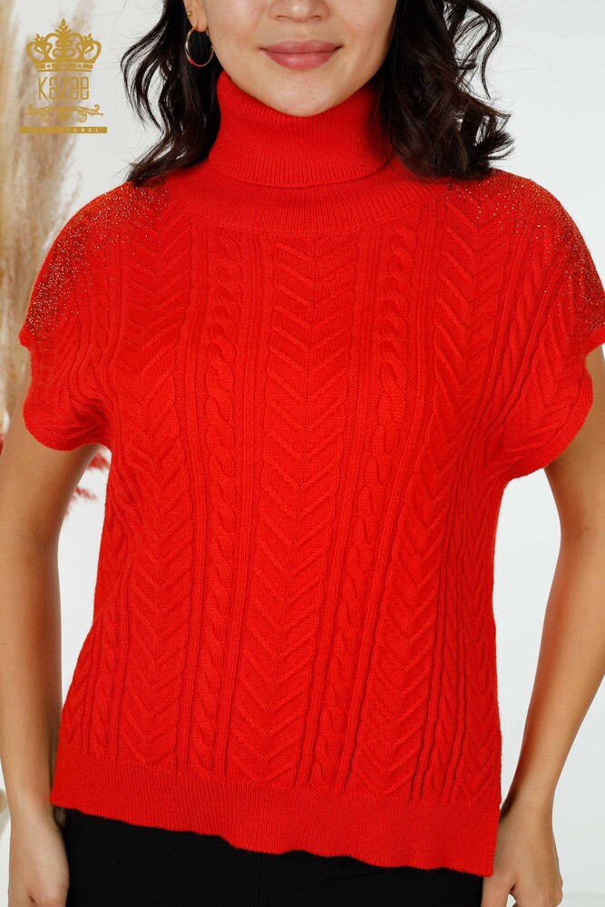 Grossiste Tricot Femme Épaule Cristal Pierre Brodé Corail - 30097 | KAZEE - 2