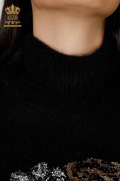 Vente en gros de pull en maille pour femmes Pierre brodée à motifs Angora Noir - 16993 | KAZEE - 4