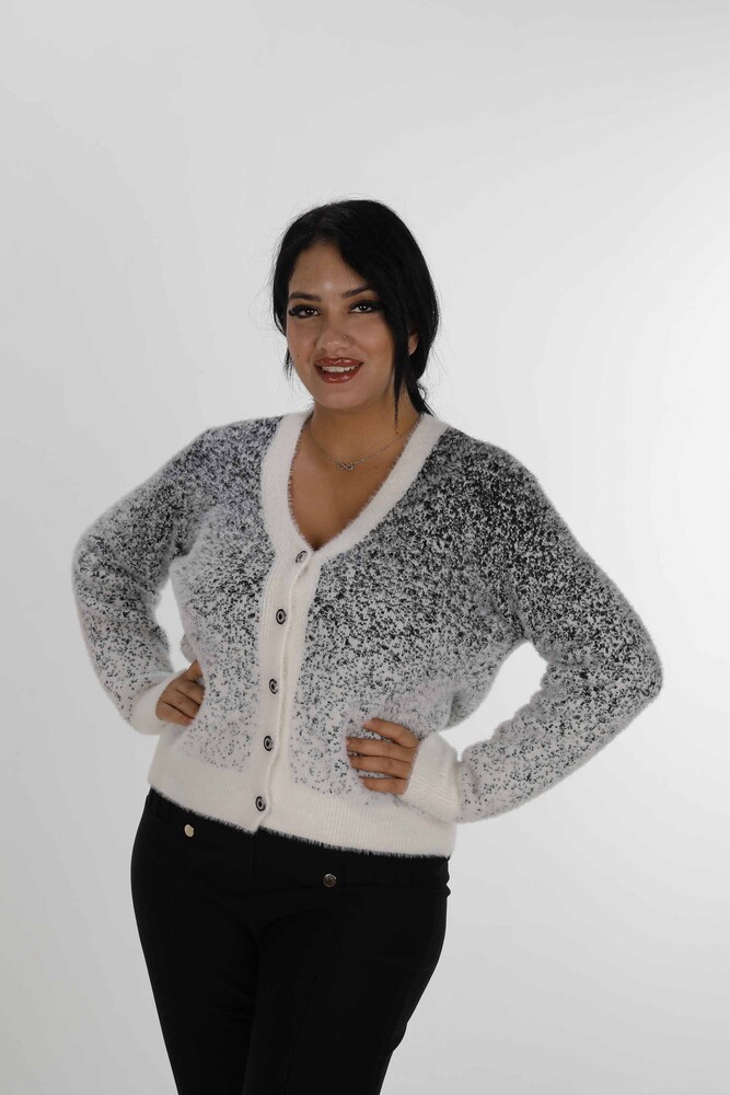 Cardigan angora cu decolteu în V Ecru Negru - 30897 | KAZEE (Set de 4 S-M-L-XL) - 1