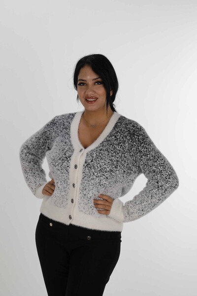 Kazee - Cardigan angora cu decolteu în V Ecru Negru - 30897 | KAZEE (Set de 4 S-M-L-XL)