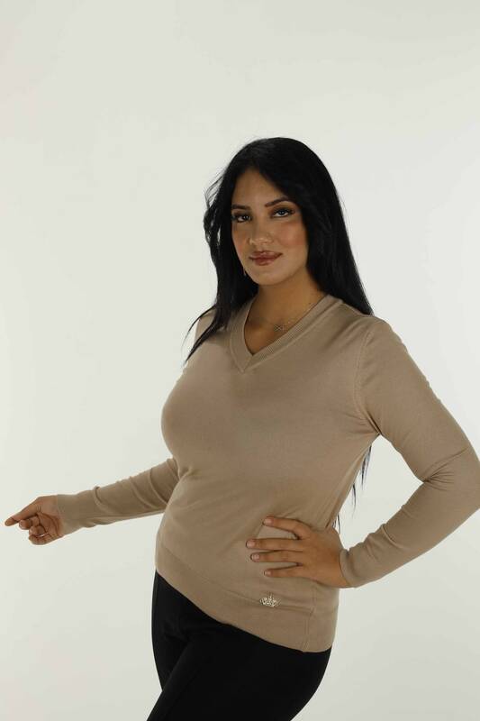 V Neck Basic Long Sleeve Knitwear Beige - 30256 | KAZEE