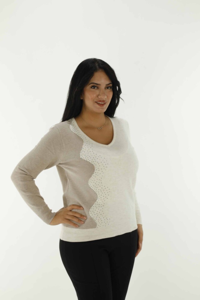 V Neck Stone Detailed Long Sleeve Knitwear Ecru - 31002 | KAZEE - 2