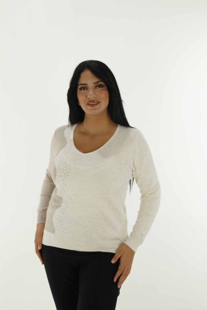 V Neck Stone Detailed Long Sleeve Knitwear Ecru - 31002 | KAZEE - 1