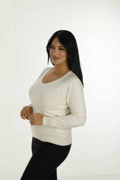 V Neck Stone Detailed Long Sleeve Knitwear Ecru - 31002 | KAZEE - 4