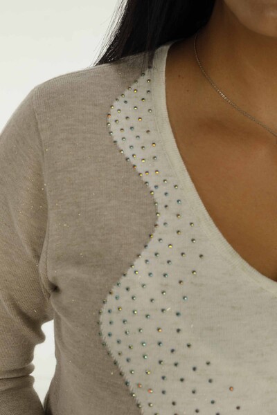 V Neck Stone Detailed Long Sleeve Knitwear Ecru - 31002 | KAZEE - Thumbnail