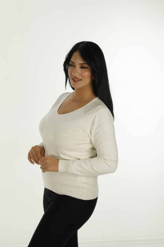 V Neck Stone Detailed Long Sleeve Knitwear Ecru - 31002 | KAZEE