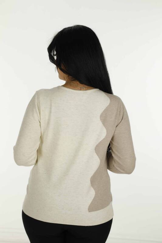 V Neck Stone Detailed Long Sleeve Knitwear Ecru - 31002 | KAZEE