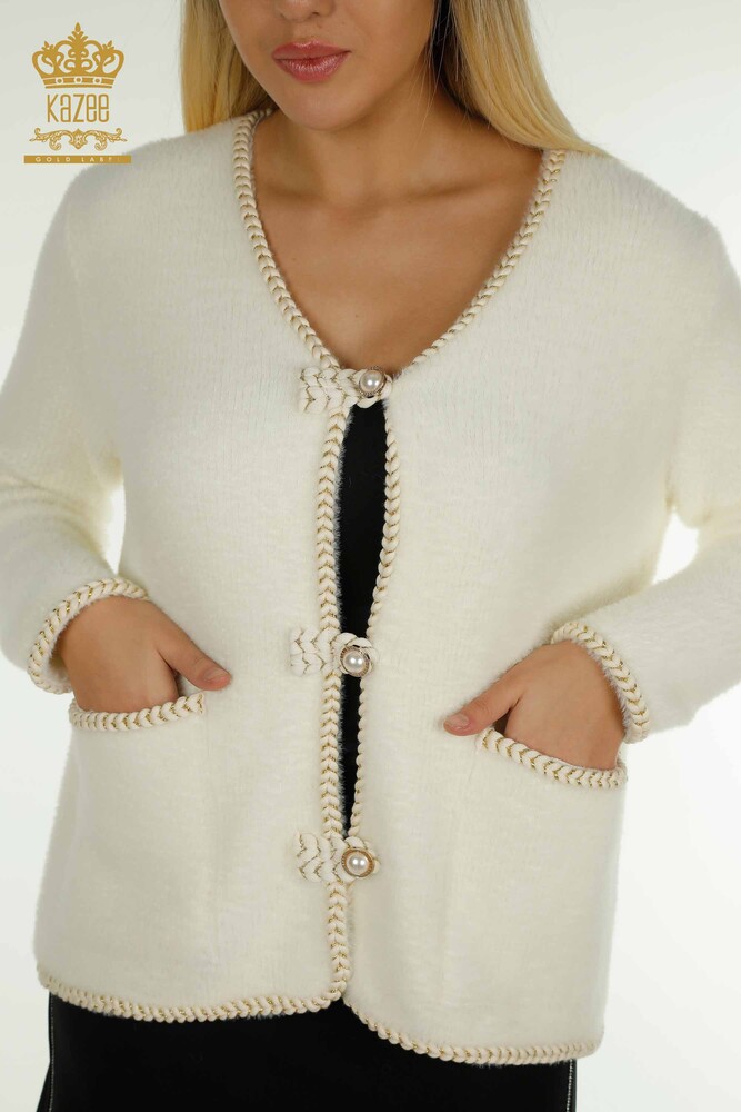 Wholesale Women's Angora Cardigan with Pearl Buttons Ecru - 30264 | KAZEE - 2