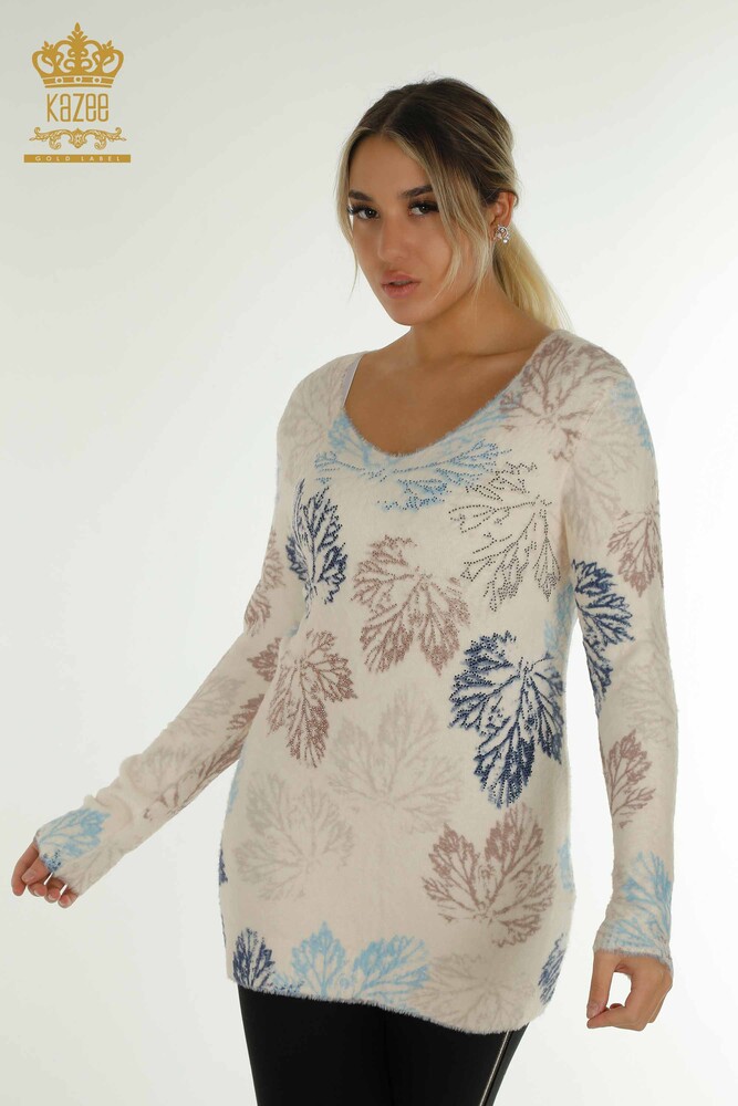 Wholesale Women's Angora Knitwear Sweater Leaf Printed Digital - 40015 | KAZEE - 1