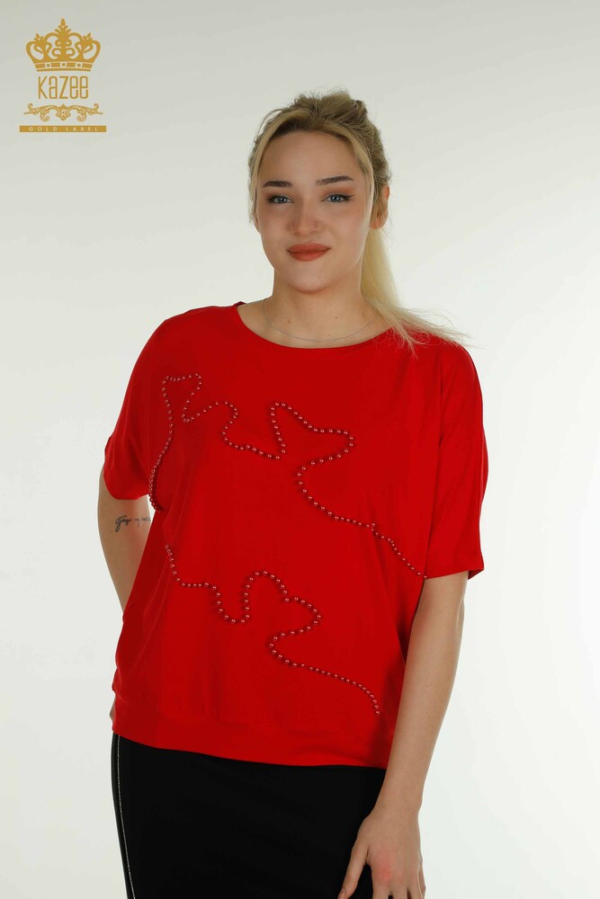 Wholesale Women's Blouse Beaded Embroidered Red - 79196 | KAZEE - 1