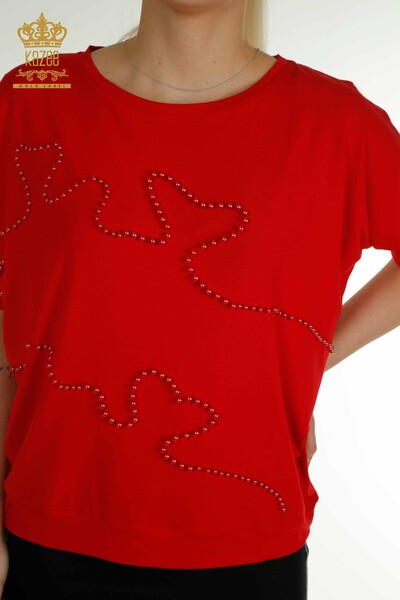 Wholesale Women's Blouse Beaded Embroidered Red - 79196 | KAZEE - 2