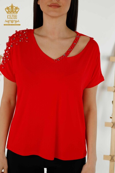 Wholesale Women's Blouse - Beads Stone Embroidered - Red - 79200 | KAZEE - 2