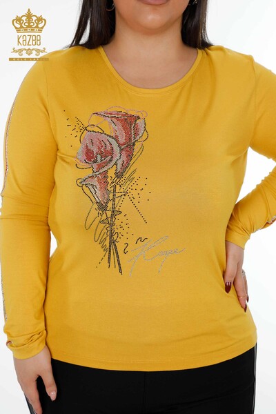 Wholesale Women's Blouse Crew Neck Sleeve Stripe Stone Rose Pattern - 79023 | KAZEE - 18