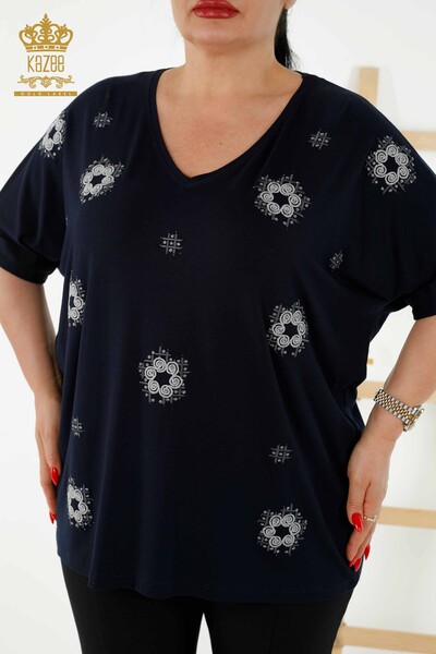 Wholesale Women's Blouse Floral Pattern Navy - 78879 | KAZEE - 2