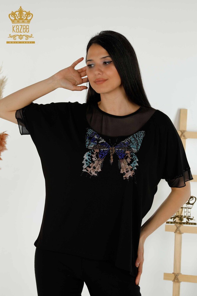 Wholesale Women's Blouse - Butterfly Pattern - Black - 79103 | KAZEE - 1