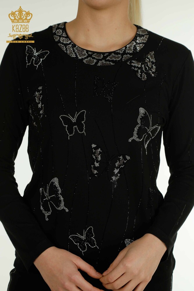 Wholesale Women's Blouse Butterfly Patterned Black - 79381 | KAZEE - 2