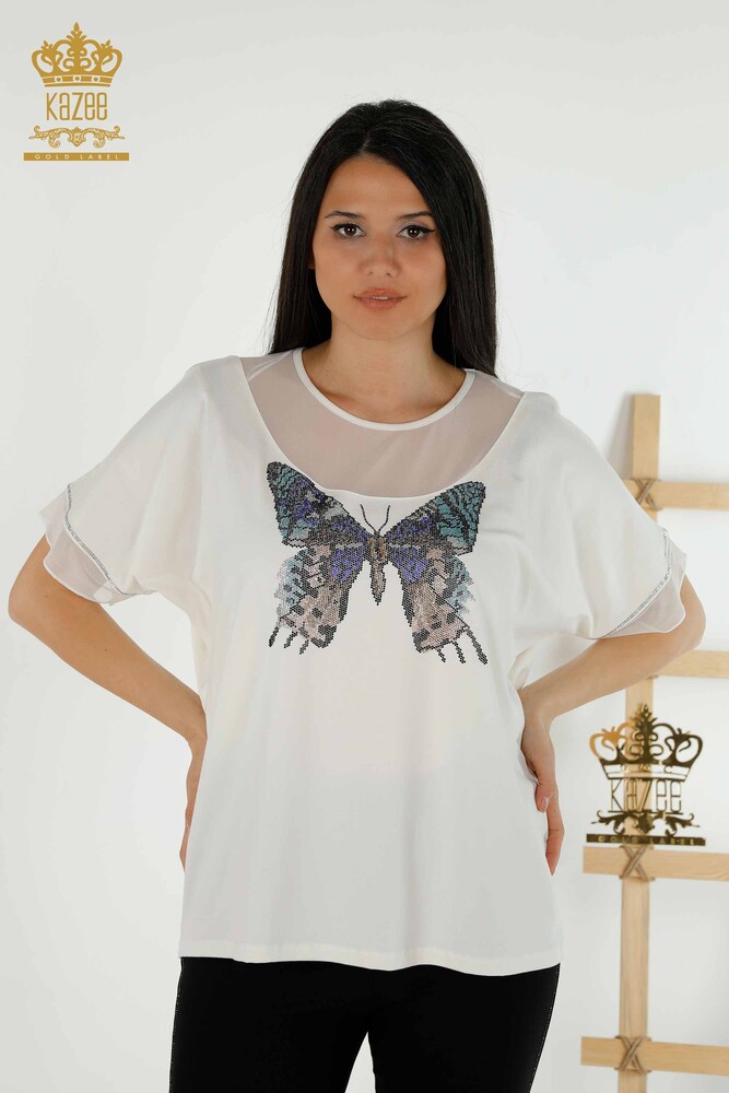 Wholesale Women's Blouse - Butterfly Pattern - Ecru - 79103 | KAZEE - 1